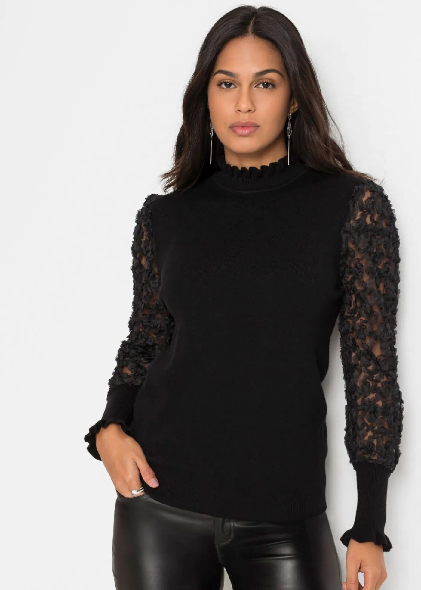 Mujer bonprix bonprix Jersey de cuello vuelto con mangas decorativas de gasa