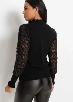 Mujer bonprix bonprix Jersey de cuello vuelto con mangas decorativas de gasa