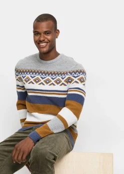 bonprix bonprix Jerséis Y Cárdigans>Jersey de estilo noruego Marrón canela-índigo-blanco lana con patrón nórdico