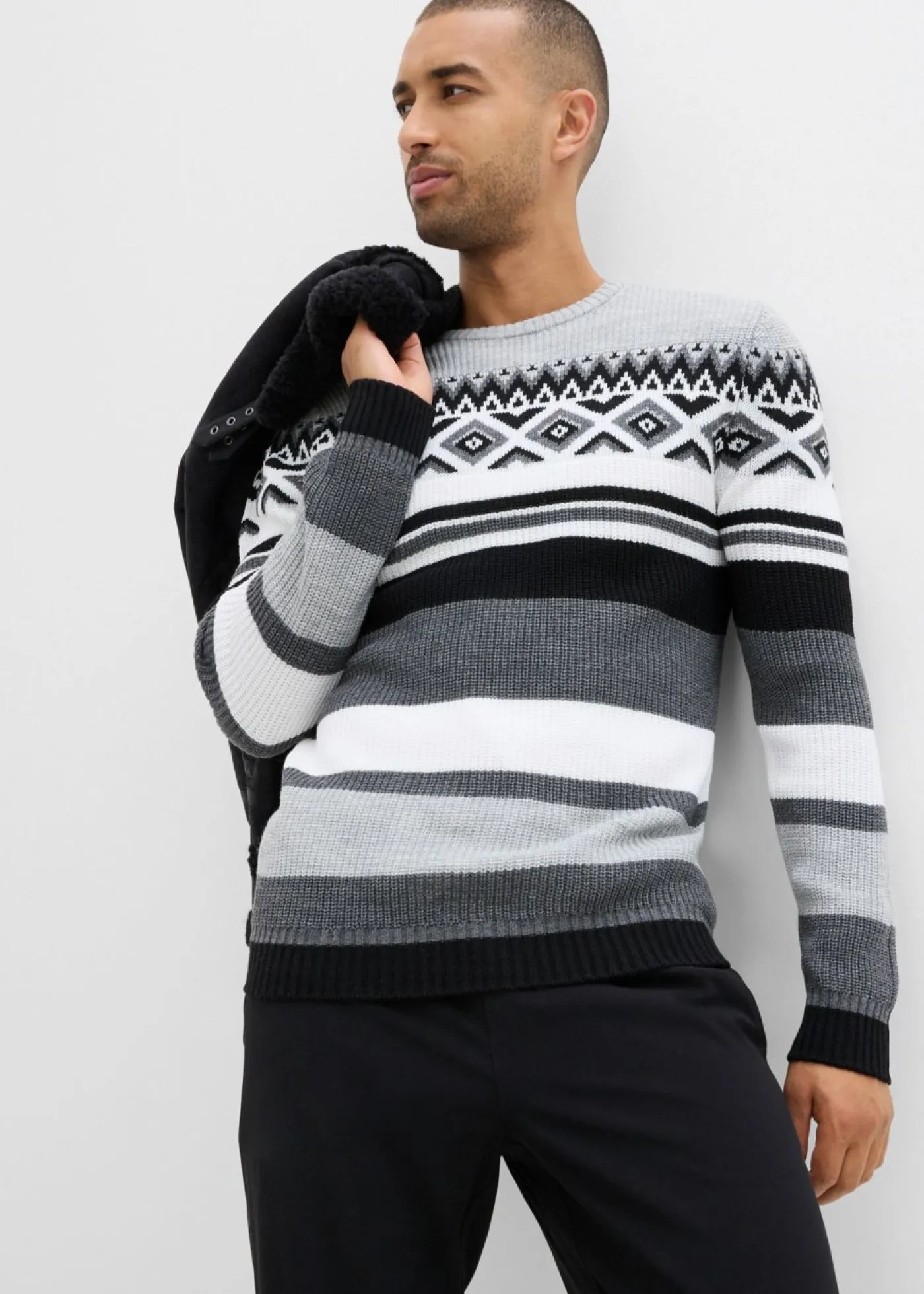 bonprix bonprix Jerséis Y Cárdigans>Jersey de estilo noruego negro/gris jaspeado/blanco lana/gris claro jaspeado