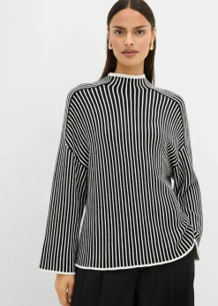 bonprix bonprix Esenciales|Jerséis>Jersey de mezcla de viscosa con cuello alto negro-blanco lana rayas verticales