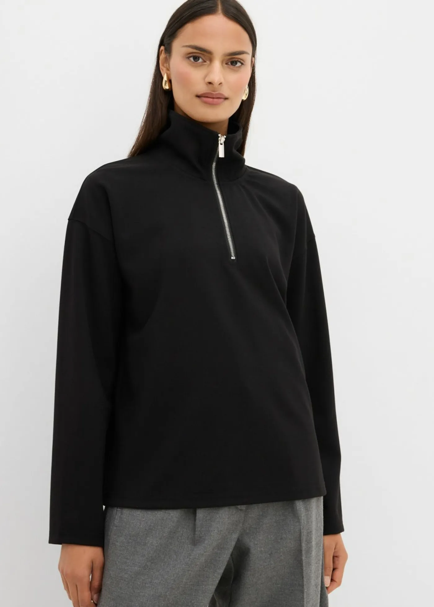 bonprix bonprix Esenciales|Jerséis>Jersey de mezcla de viscosa con cuello troyer Negro