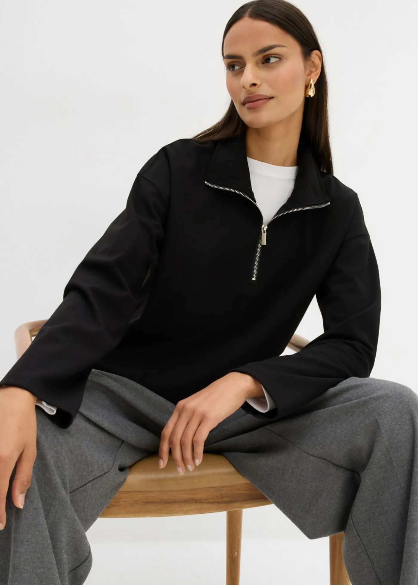 bonprix bonprix Esenciales|Jerséis>Jersey de mezcla de viscosa con cuello troyer Negro