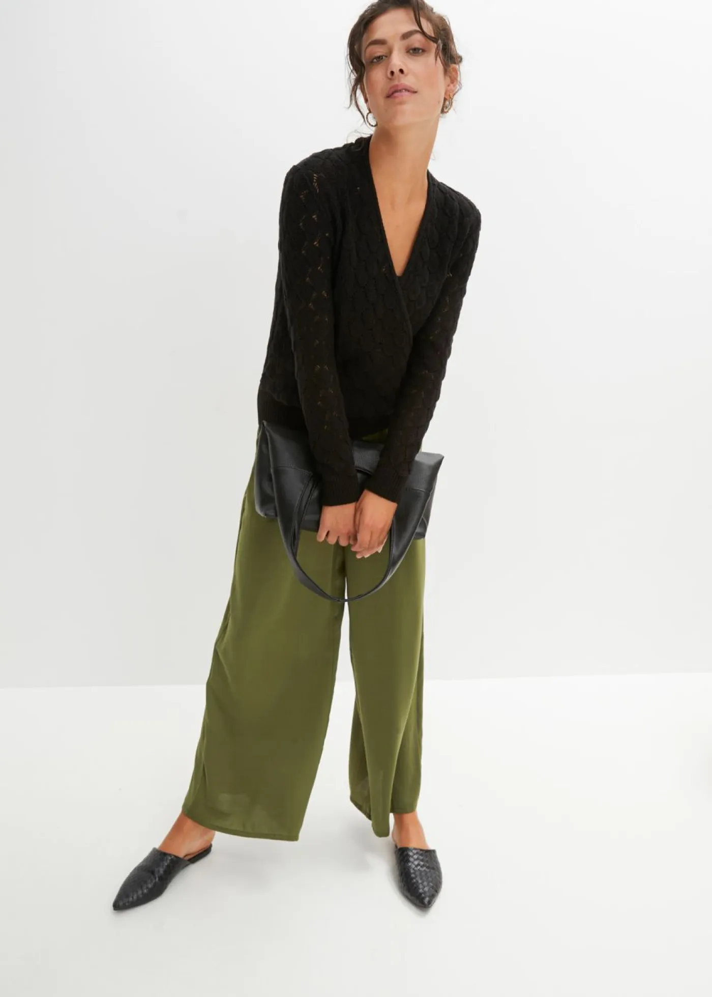 bonprix bonprix Jerséis|Ropa De Punto>Jersey de punto ajour con aspecto cruzado Negro