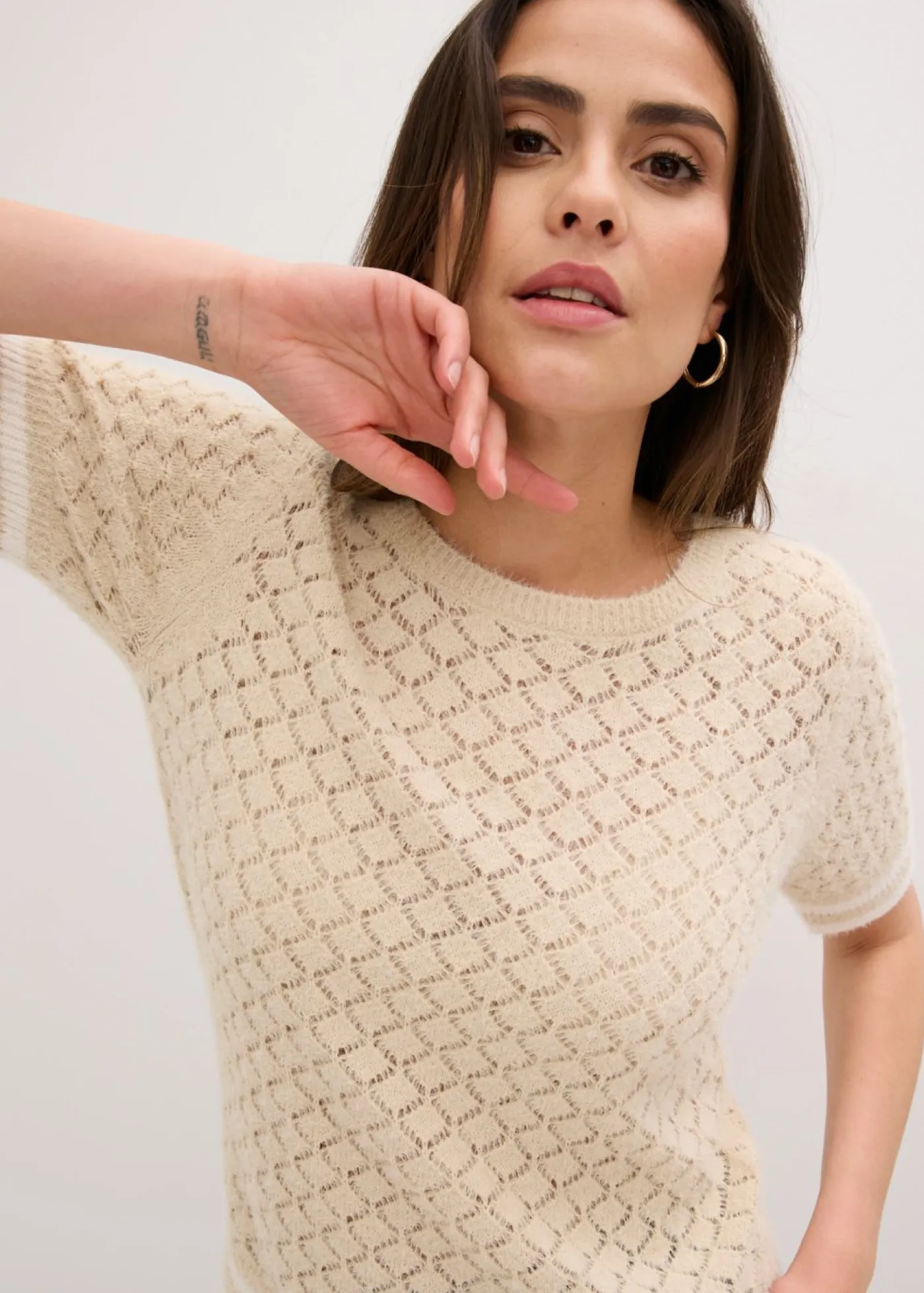 bonprix bonprix Jerséis|Novedades>Jersey de punto ajour con hilo suave Arena claro-blanco lana