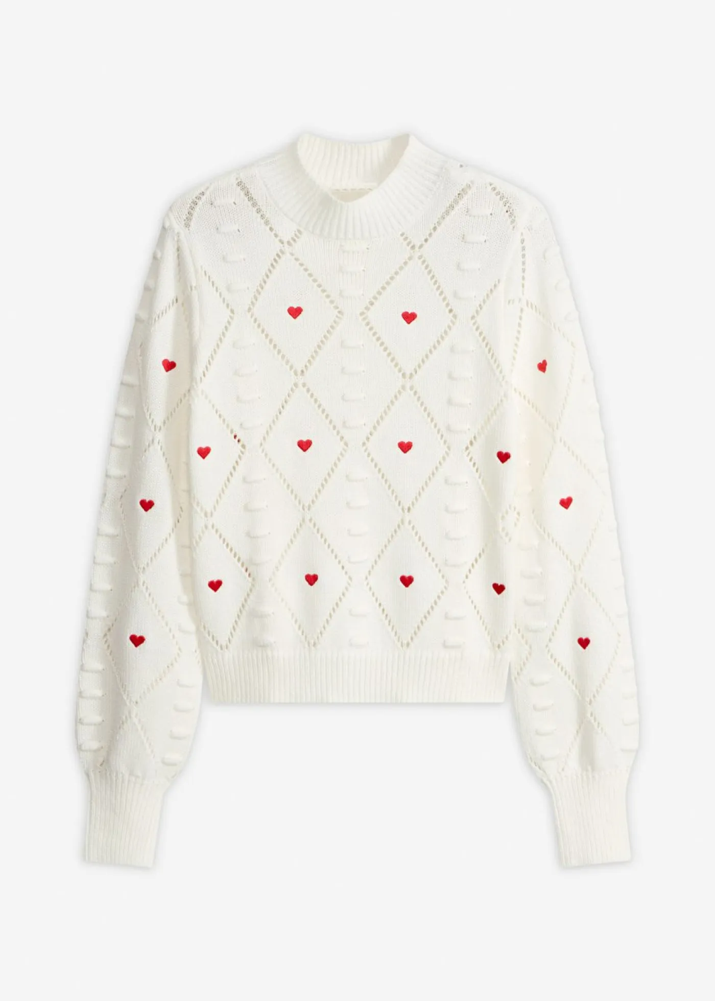 bonprix bonprix Jerséis|Ropa De Punto>Jersey de punto ajour de mezcla de algodón Blanco lana-rojo estampado