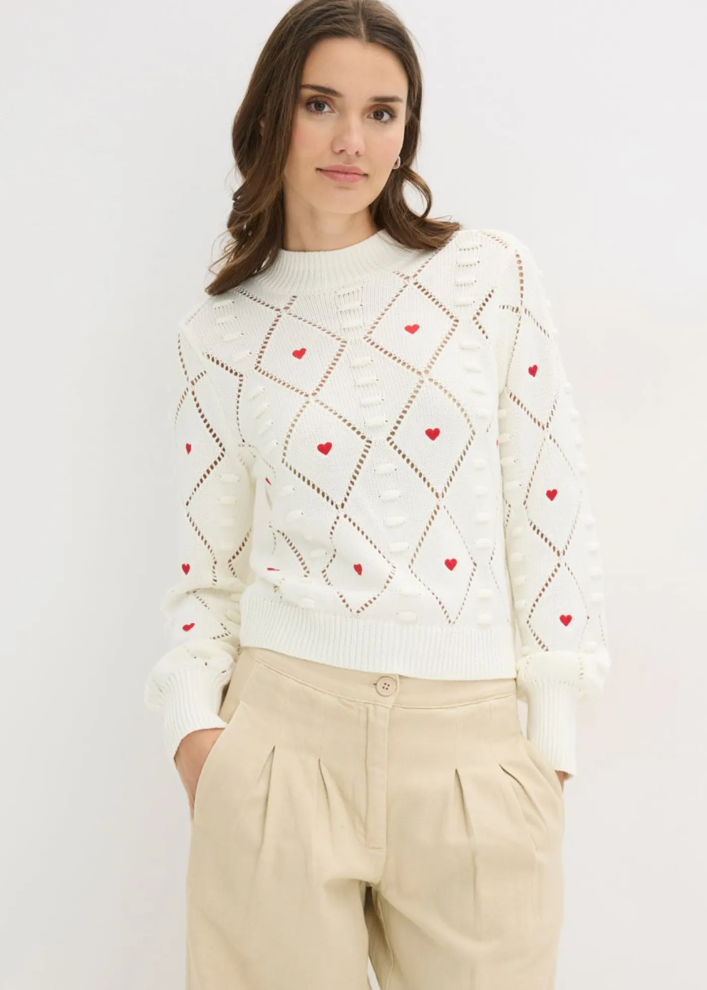 bonprix bonprix Jerséis|Ropa De Punto>Jersey de punto ajour de mezcla de algodón Blanco lana-rojo estampado