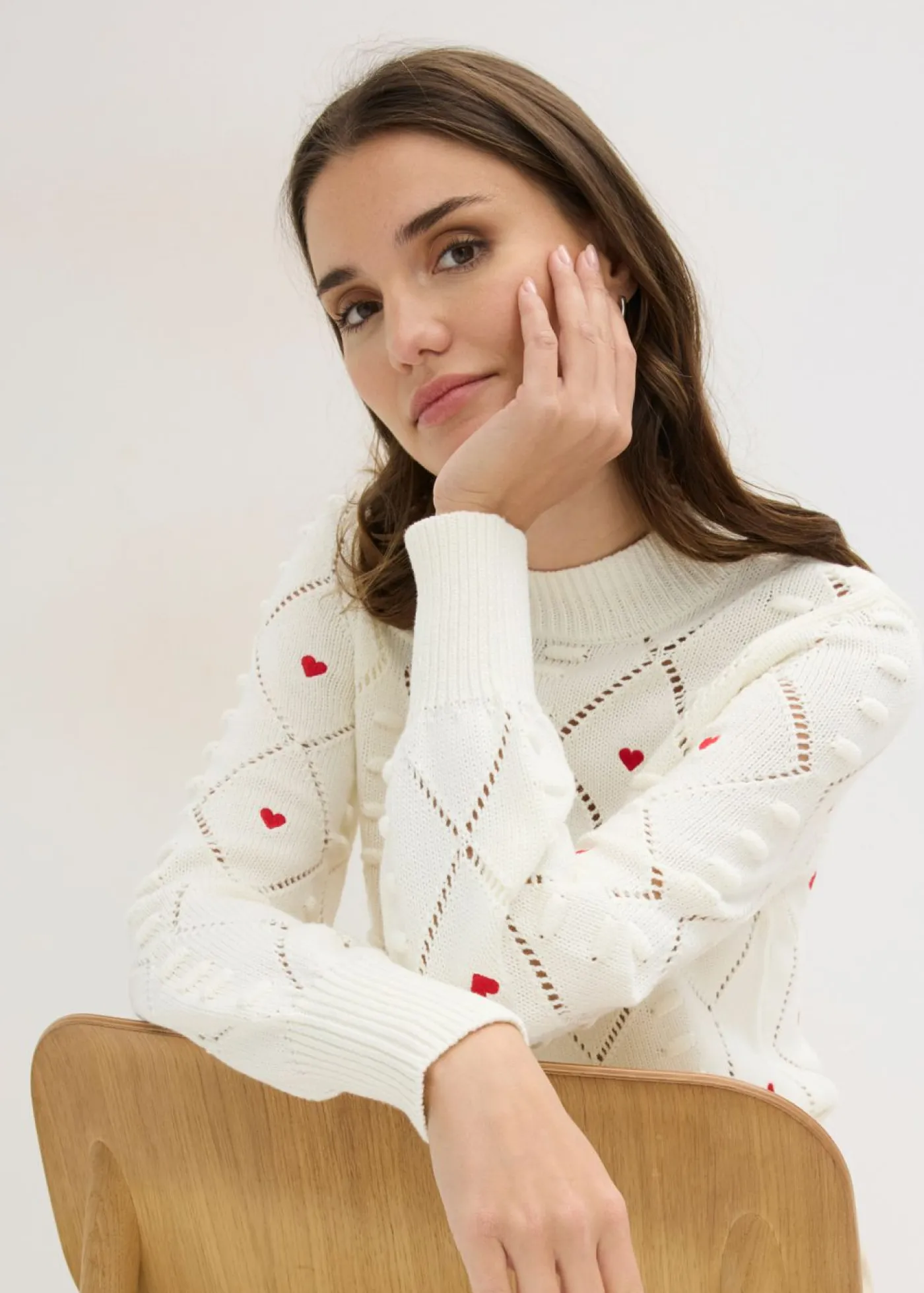 bonprix bonprix Jerséis|Ropa De Punto>Jersey de punto ajour de mezcla de algodón Blanco lana-rojo estampado