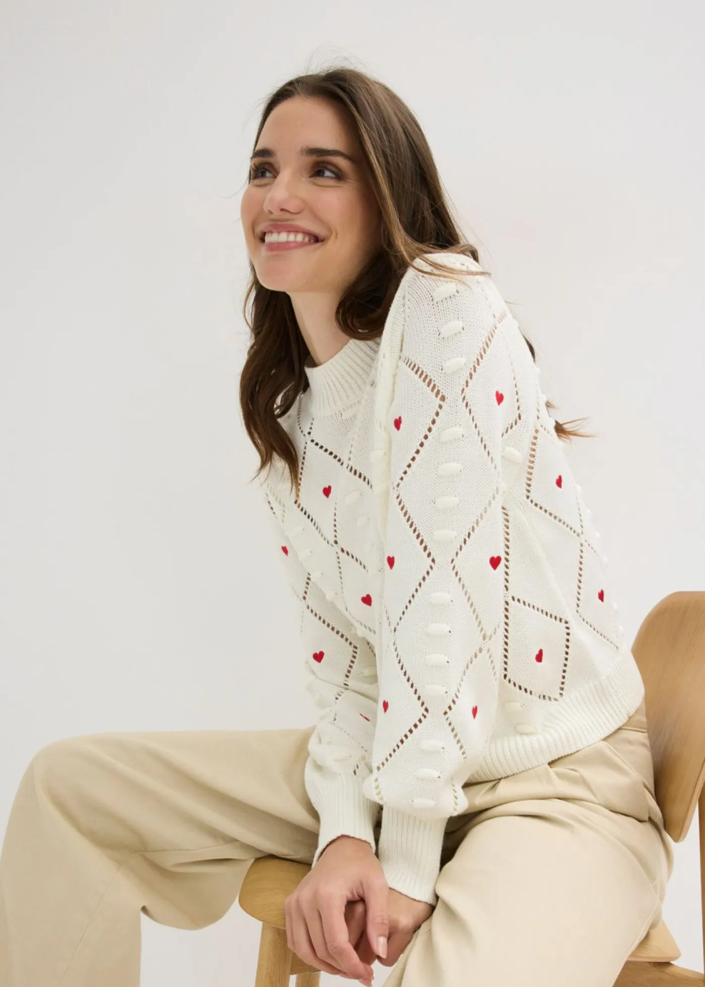 bonprix bonprix Jerséis|Ropa De Punto>Jersey de punto ajour de mezcla de algodón Blanco lana-rojo estampado