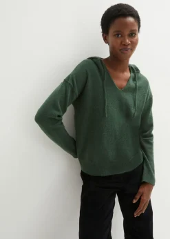 bonprix bonprix Jerséis|Ropa De Punto>Jersey de punto con escote en V y capucha Verde oscuro