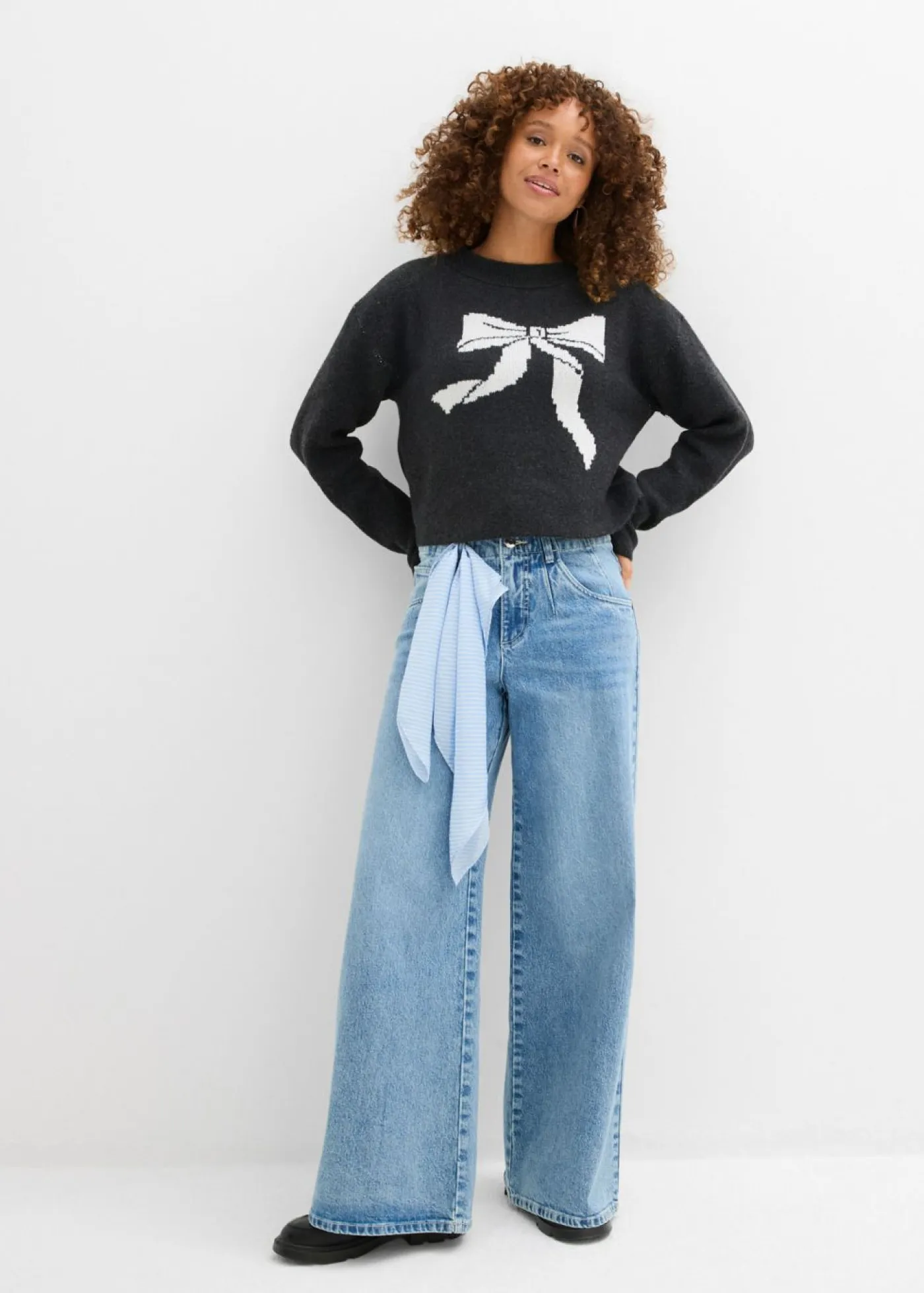 bonprix bonprix Jerséis|Ropa De Punto>Jersey de punto con lazo Antracita jaspeado