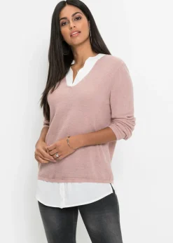 bonprix bonprix Jerséis|Ropa De Punto>Jersey de punto fino con inserto de blusa Rosa-blanco