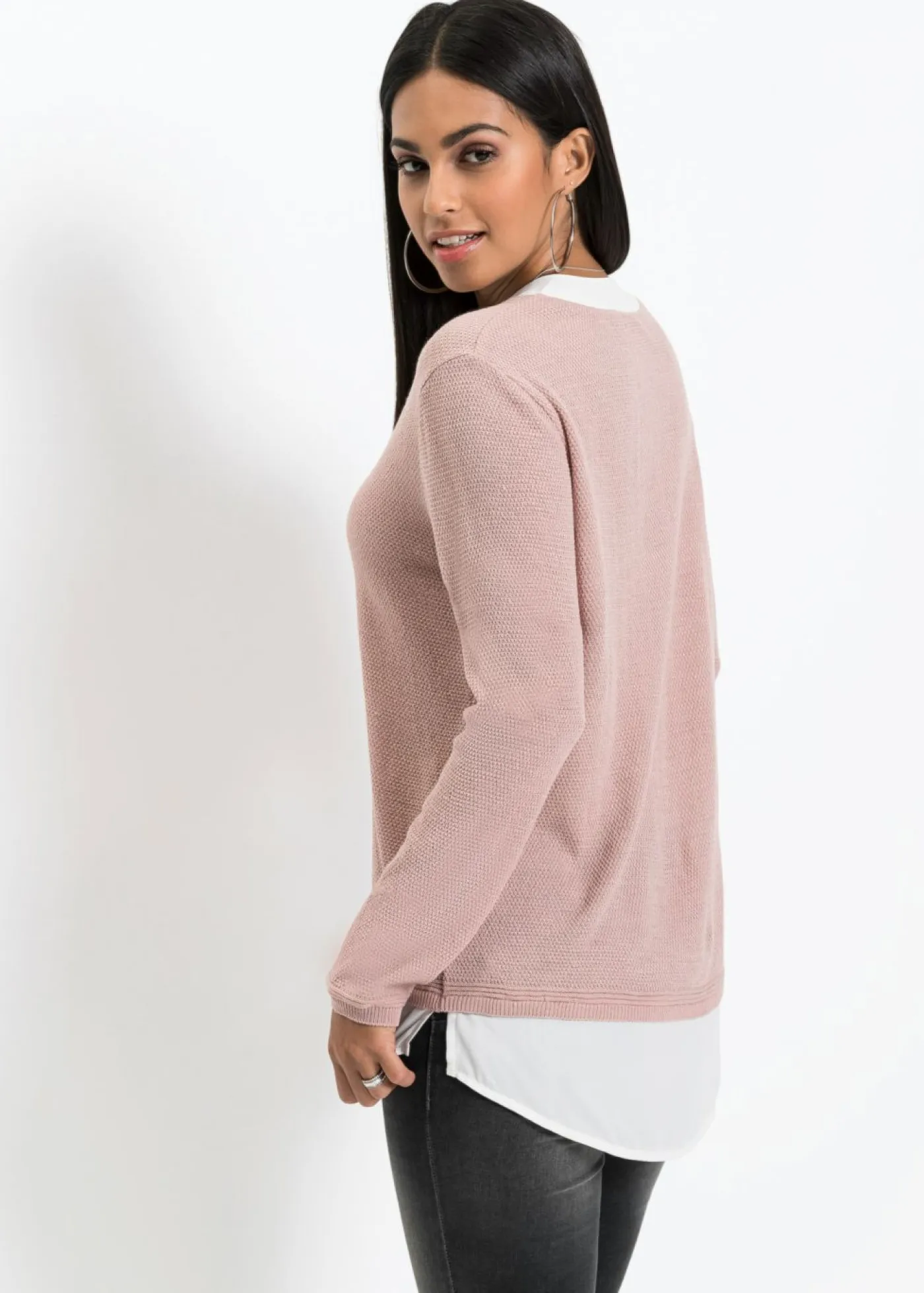 bonprix bonprix Jerséis|Ropa De Punto>Jersey de punto fino con inserto de blusa Rosa-blanco