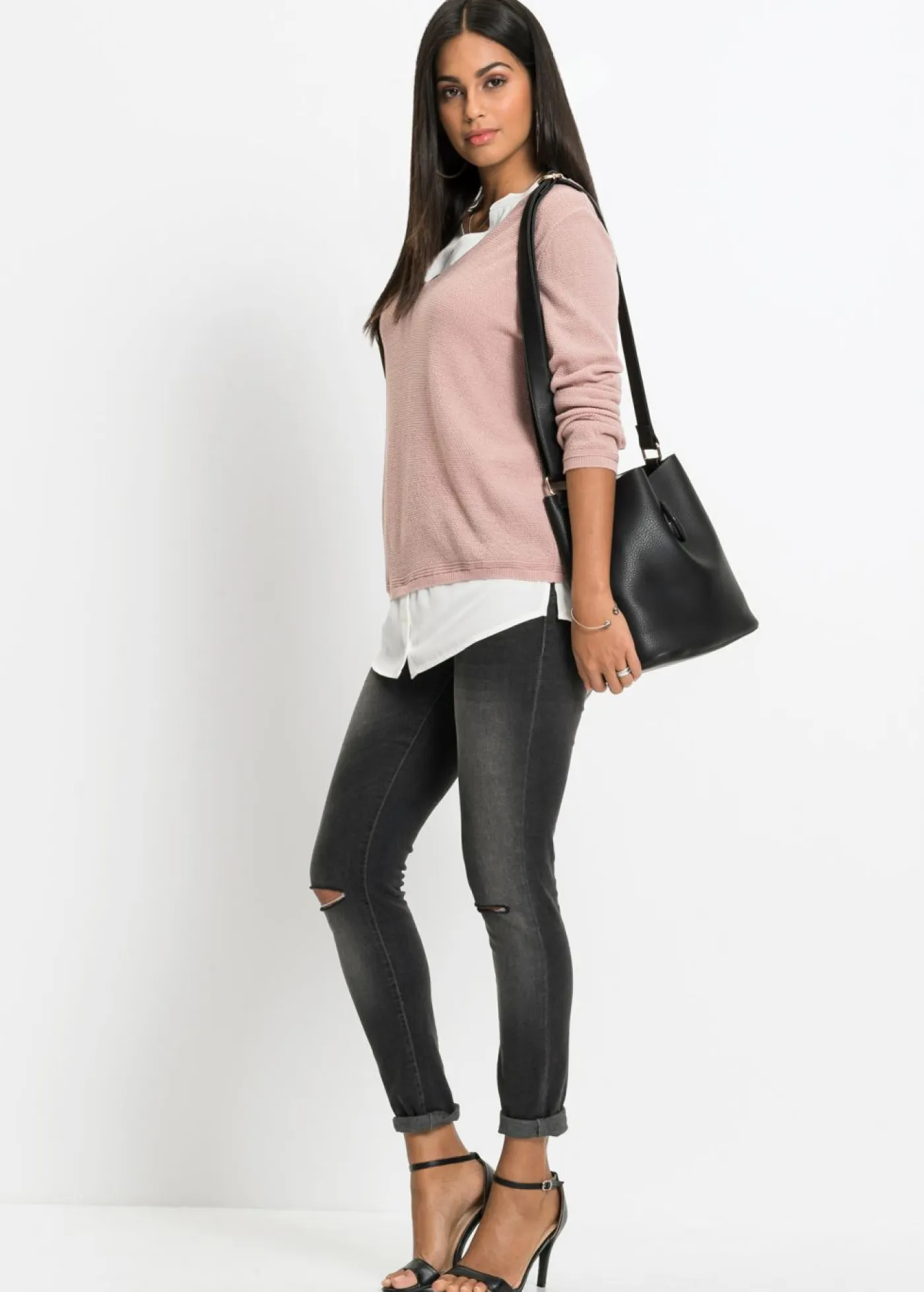 bonprix bonprix Jerséis|Ropa De Punto>Jersey de punto fino con inserto de blusa Rosa-blanco