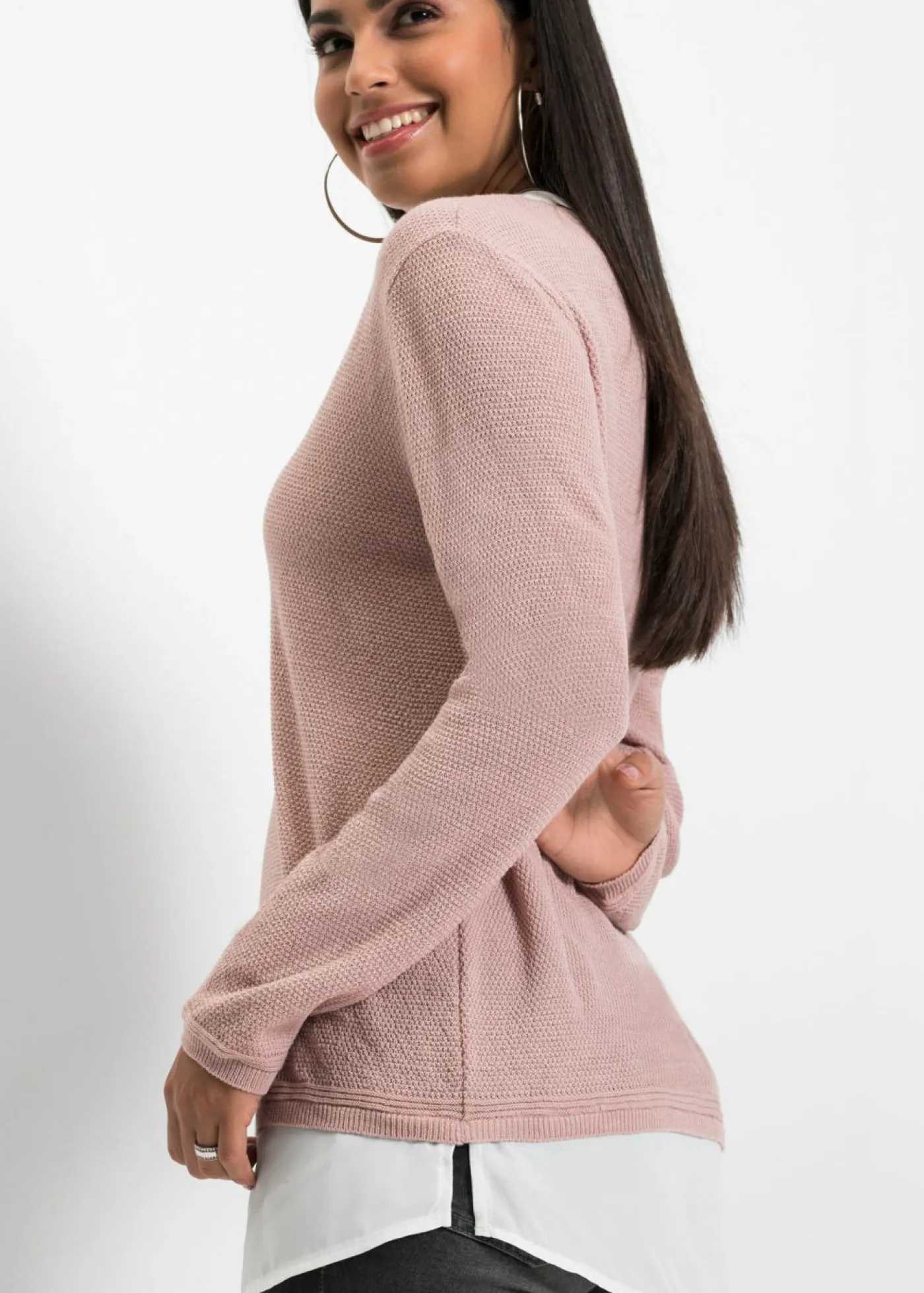bonprix bonprix Jerséis|Ropa De Punto>Jersey de punto fino con inserto de blusa Rosa-blanco