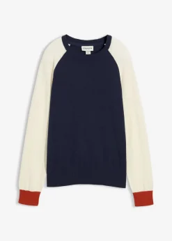 bonprix bonprix Jerséis|Ropa De Punto>Jersey de punto fino con mangas raglán beige natural-azul marino-té rojo