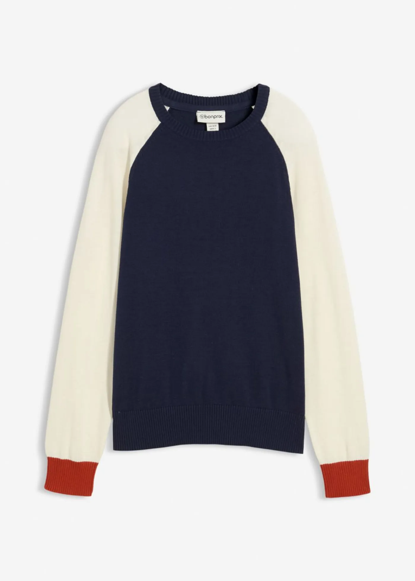 bonprix bonprix Jerséis|Ropa De Punto>Jersey de punto fino con mangas raglán beige natural-azul marino-té rojo