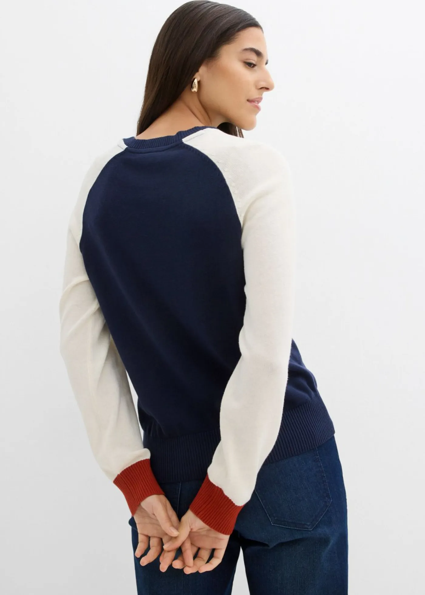 bonprix bonprix Jerséis|Ropa De Punto>Jersey de punto fino con mangas raglán beige natural-azul marino-té rojo