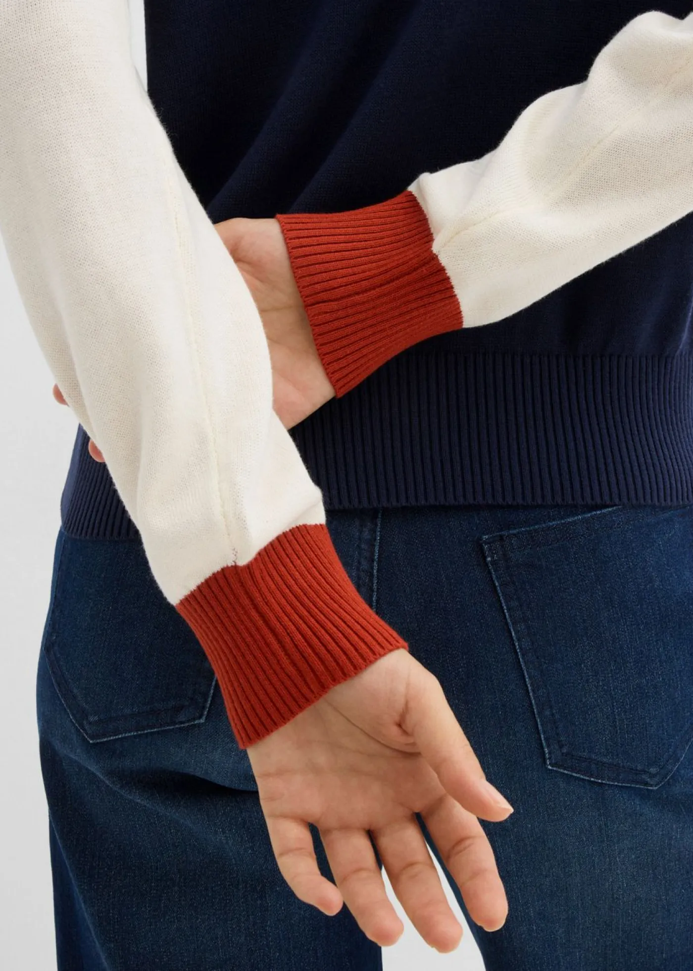 bonprix bonprix Jerséis|Ropa De Punto>Jersey de punto fino con mangas raglán beige natural-azul marino-té rojo