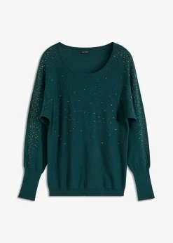 bonprix bonprix Jerséis|Ropa De Punto>Jersey de punto fino con aplicación de piedras brillantes Verde intenso