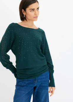 bonprix bonprix Jerséis|Ropa De Punto>Jersey de punto fino con aplicación de piedras brillantes Verde intenso