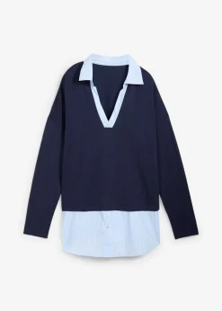 bonprix bonprix Jerséis|Ropa De Punto>Jersey de punto fino con inserto de blusa Azul marino