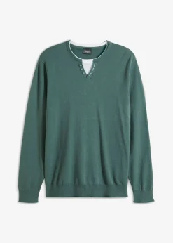 bonprix bonprix Básicos En Rebajas|Jerséis Y Cárdigans>Jersey de punto fino con aspecto 2 en 1 de suave mezcla de algodón Verde grisáceo