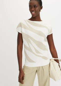 bonprix bonprix Jerséis|Ropa De Punto>Jersey de punto fino con hilo brillante estampado cebra blanco lana-gris piedra