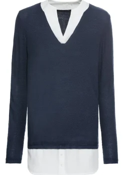 bonprix bonprix Jerséis|Ropa De Punto>Jersey de punto fino con inserto de blusa Azul marino-blanco