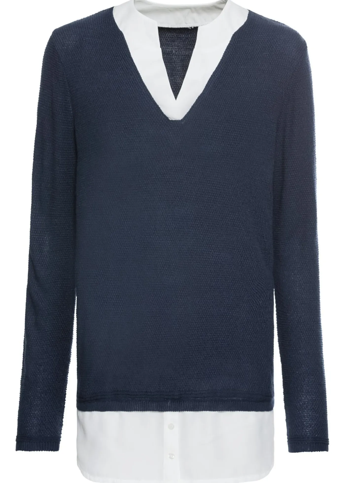 bonprix bonprix Jerséis|Ropa De Punto>Jersey de punto fino con inserto de blusa Azul marino-blanco