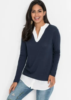 bonprix bonprix Jerséis|Ropa De Punto>Jersey de punto fino con inserto de blusa Azul marino-blanco