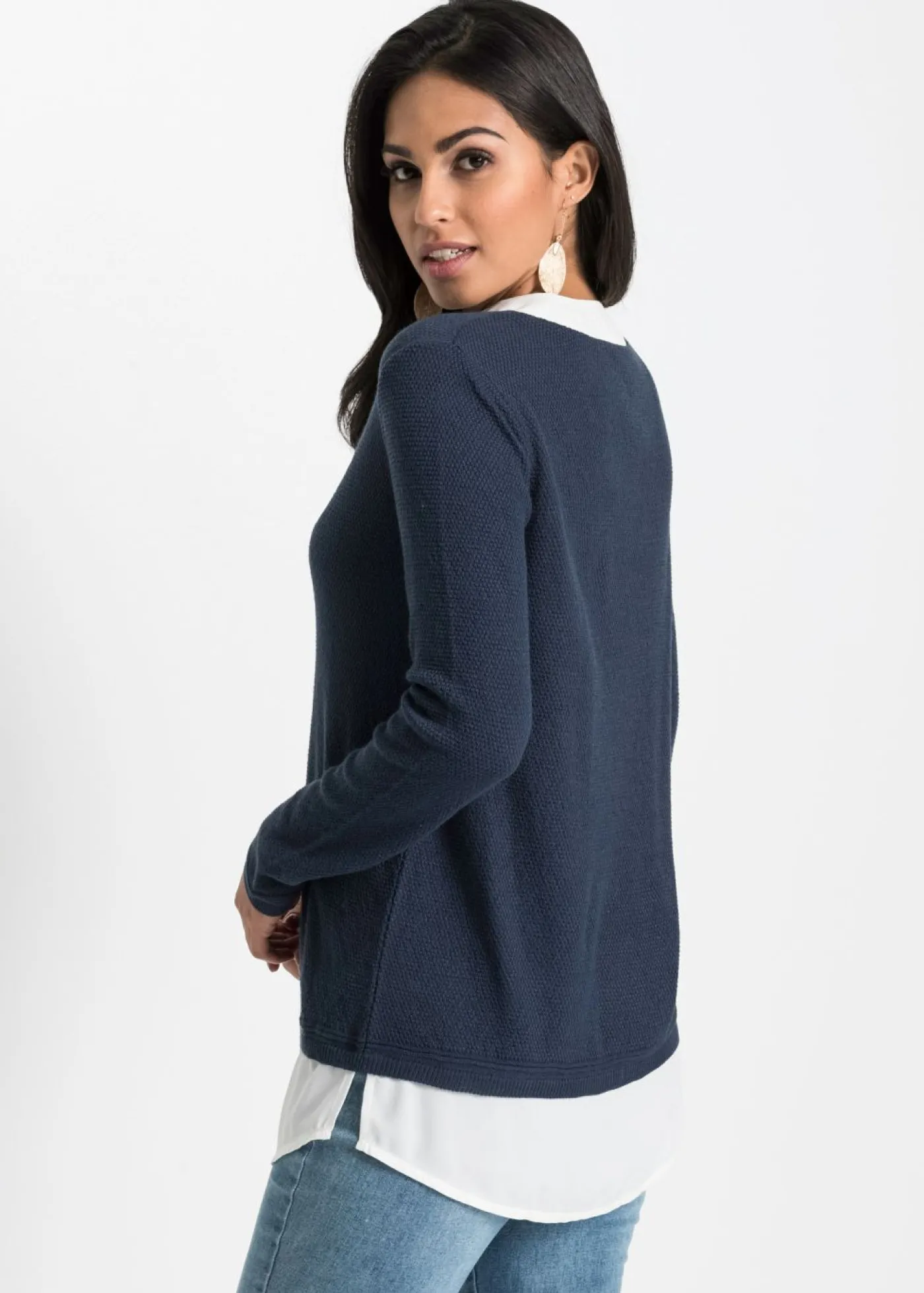 bonprix bonprix Jerséis|Ropa De Punto>Jersey de punto fino con inserto de blusa Azul marino-blanco