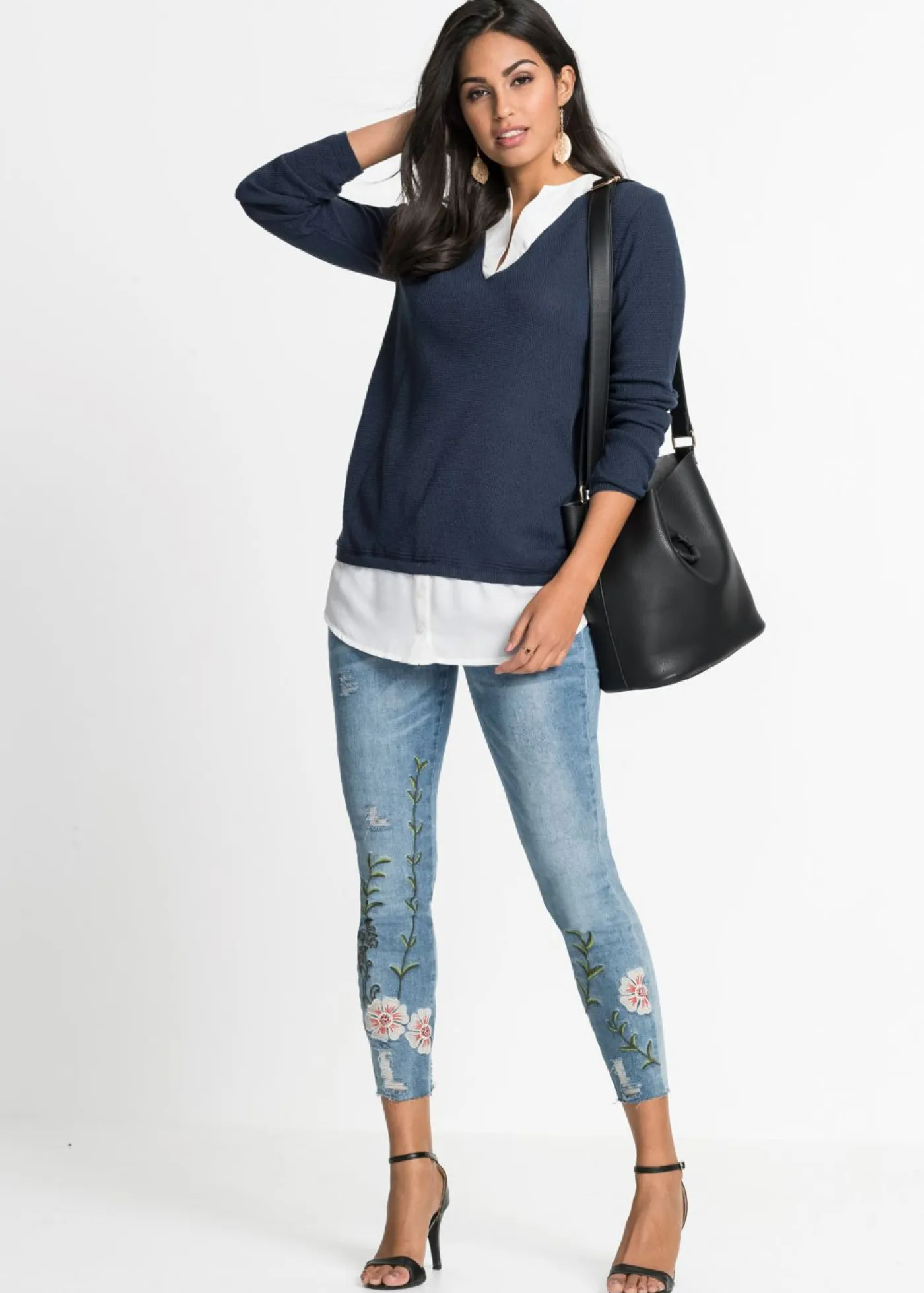 bonprix bonprix Jerséis|Ropa De Punto>Jersey de punto fino con inserto de blusa Azul marino-blanco