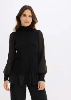 bonprix bonprix Jerséis|Ropa De Punto>Jersey de punto fino con inserto de blusa Negro