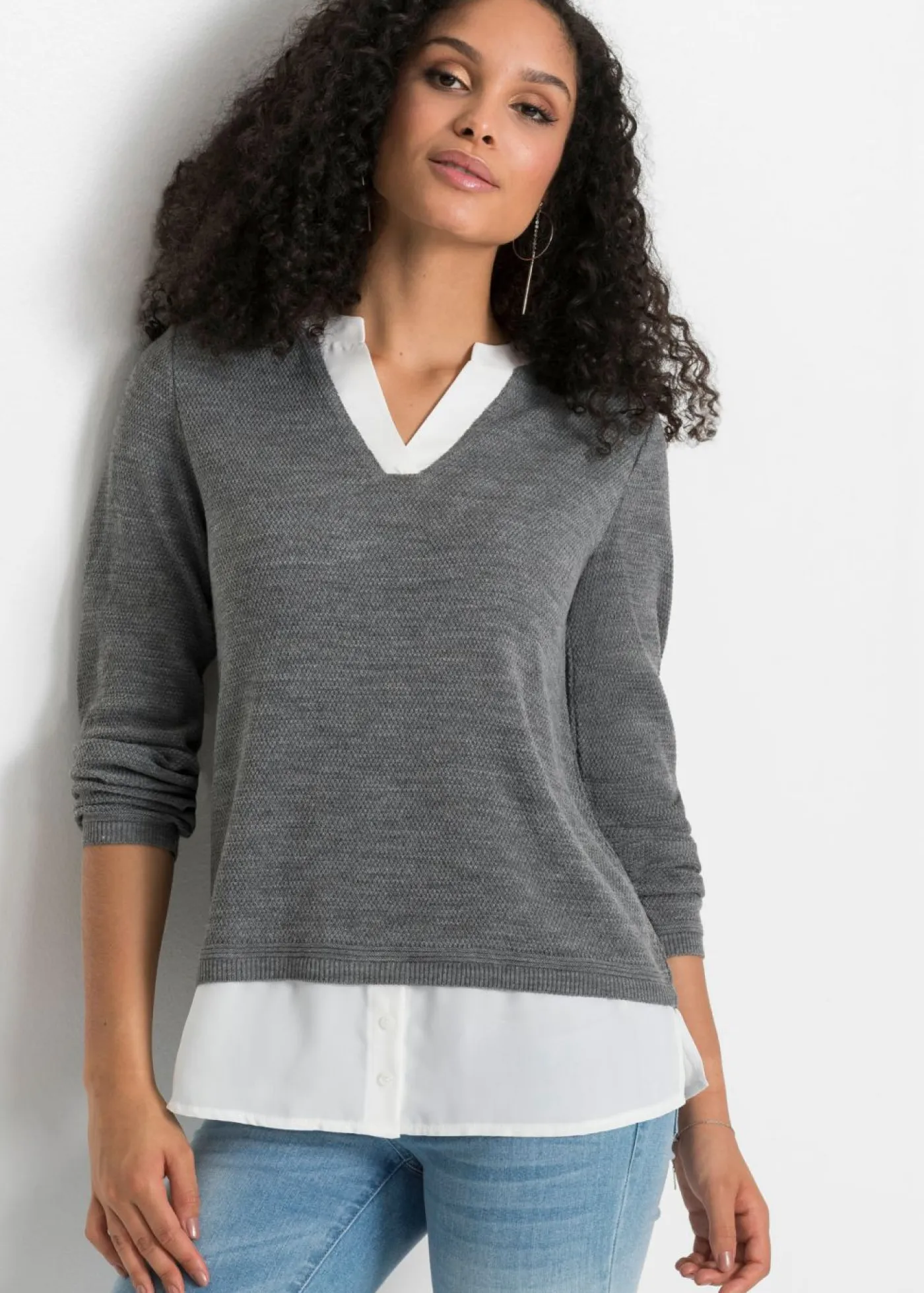 Mujer bonprix bonprix Jersey de punto fino con inserto de blusa