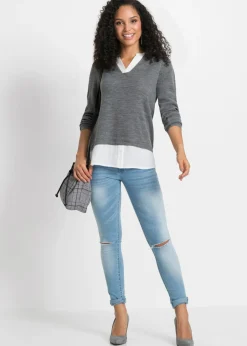 Mujer bonprix bonprix Jersey de punto fino con inserto de blusa