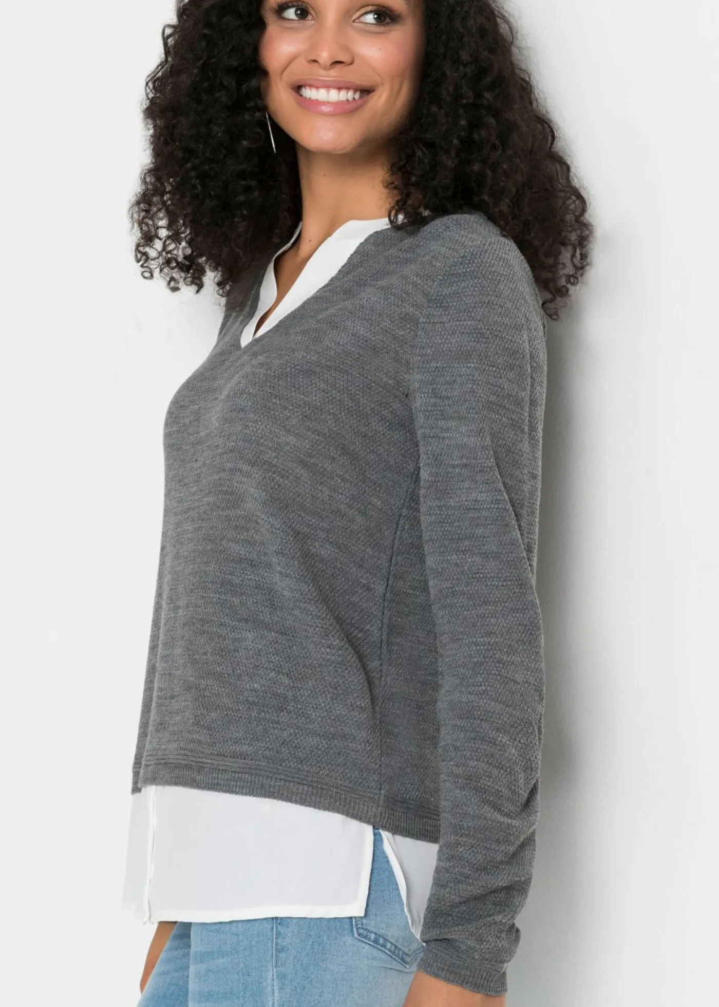 Mujer bonprix bonprix Jersey de punto fino con inserto de blusa