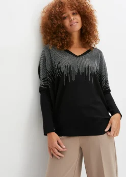 bonprix bonprix Jerséis|Ropa De Punto>Jersey de punto fino con aplicación de piedras brillantes Negro