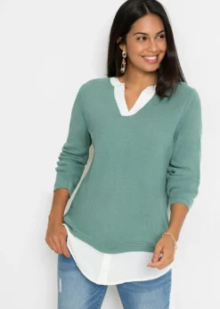 Mujer bonprix bonprix Jersey de punto fino con inserto de blusa