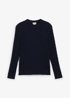 Hombre bonprix bonprix Jersey de punto fino con patrón trenzado de suave mezcla de algodón, slim fit