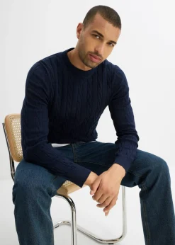 Hombre bonprix bonprix Jersey de punto fino con patrón trenzado de suave mezcla de algodón, slim fit