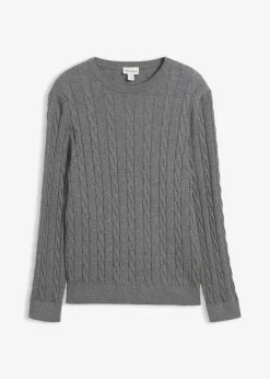 bonprix bonprix Jerséis Y Cárdigans>Jersey de punto fino con patrón trenzado de suave mezcla de algodón, slim fit Gris jaspeado