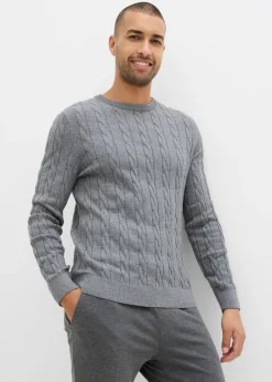 bonprix bonprix Jerséis Y Cárdigans>Jersey de punto fino con patrón trenzado de suave mezcla de algodón, slim fit Gris jaspeado