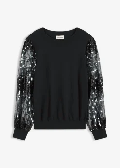 bonprix bonprix Jerséis|Ropa De Punto>Jersey de punto fino con mangas de lentejuelas Negro