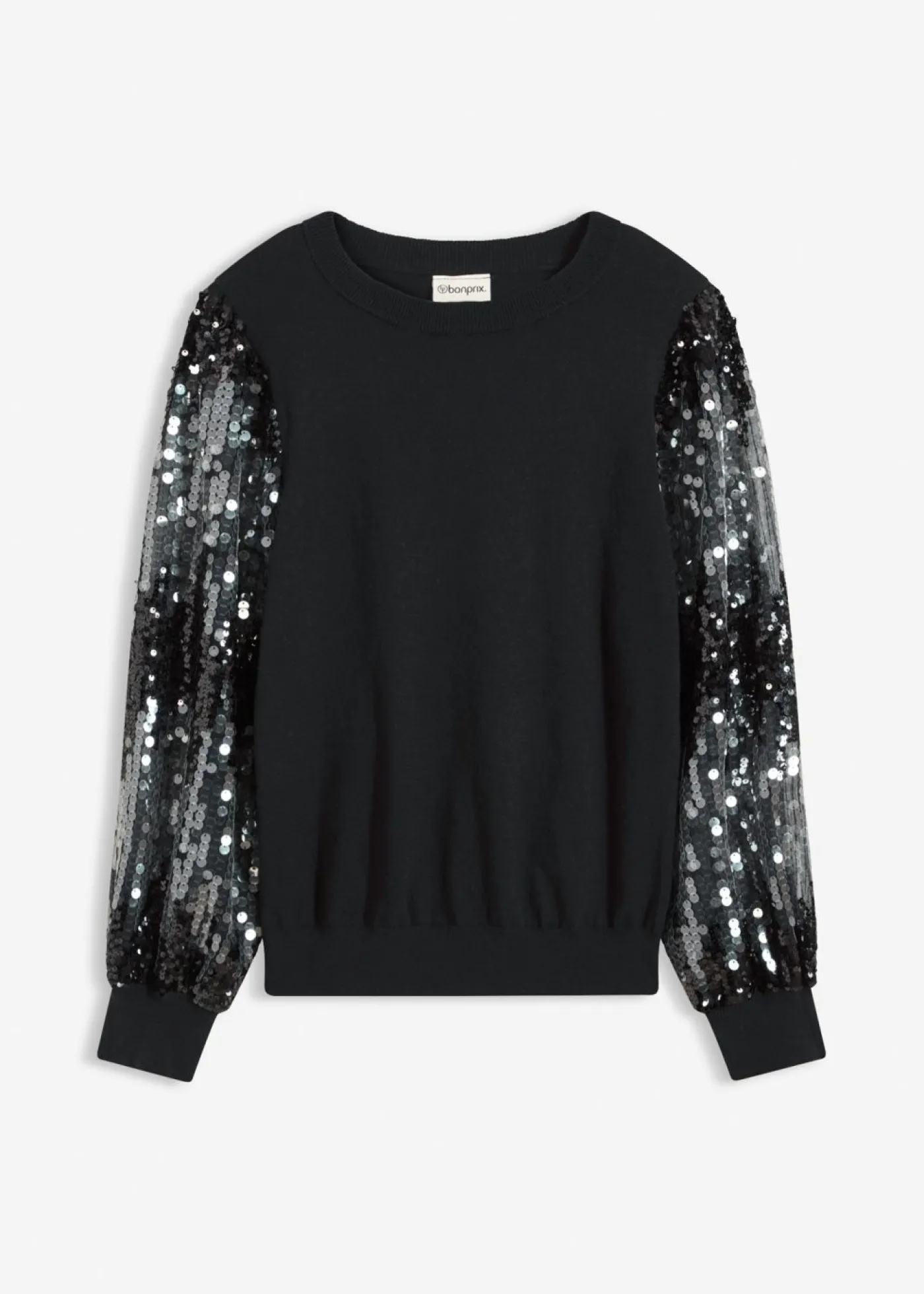 bonprix bonprix Jerséis|Ropa De Punto>Jersey de punto fino con mangas de lentejuelas Negro