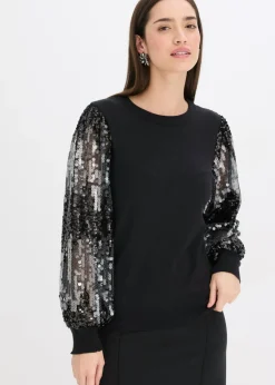 bonprix bonprix Jerséis|Ropa De Punto>Jersey de punto fino con mangas de lentejuelas Negro
