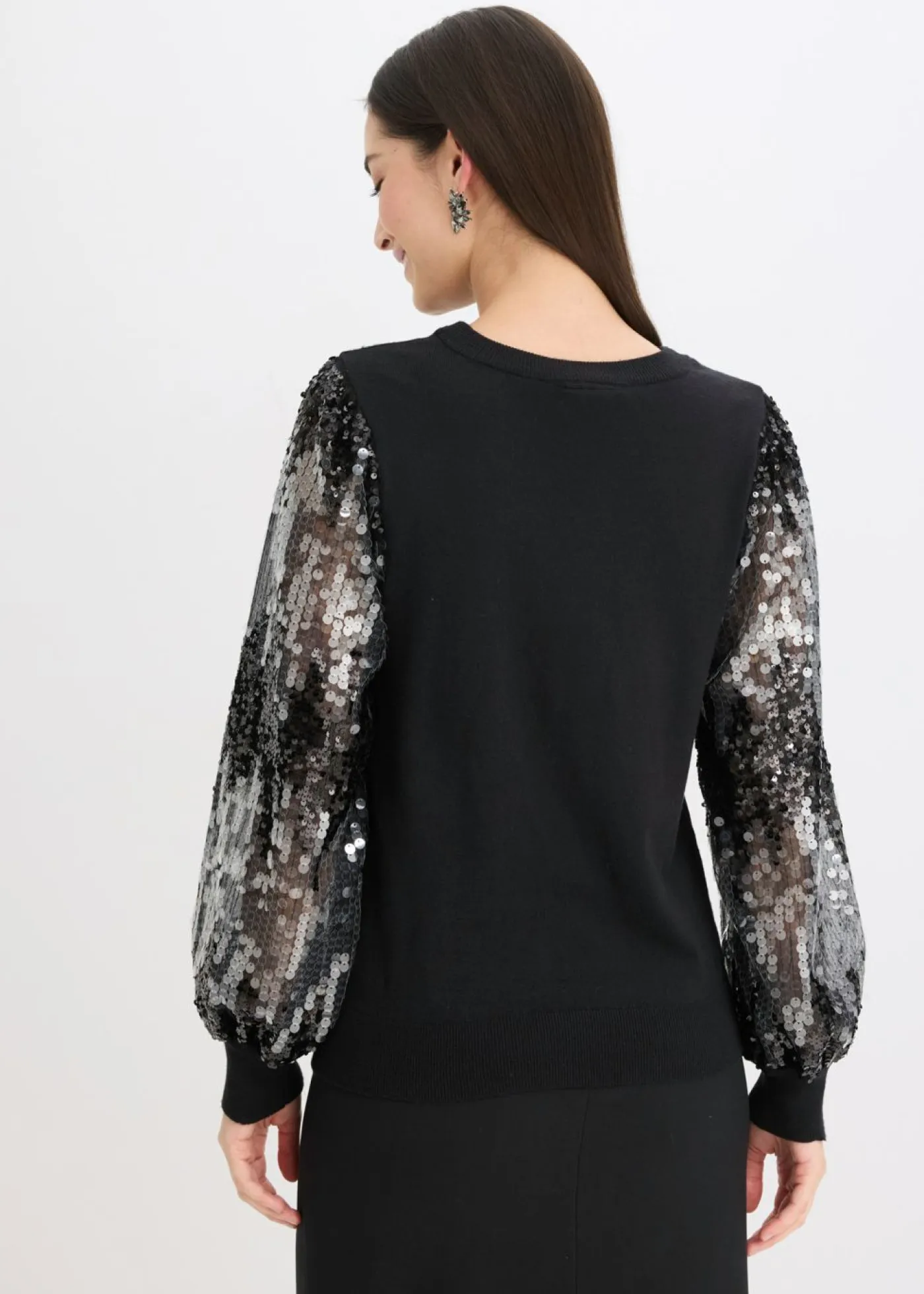 bonprix bonprix Jerséis|Ropa De Punto>Jersey de punto fino con mangas de lentejuelas Negro