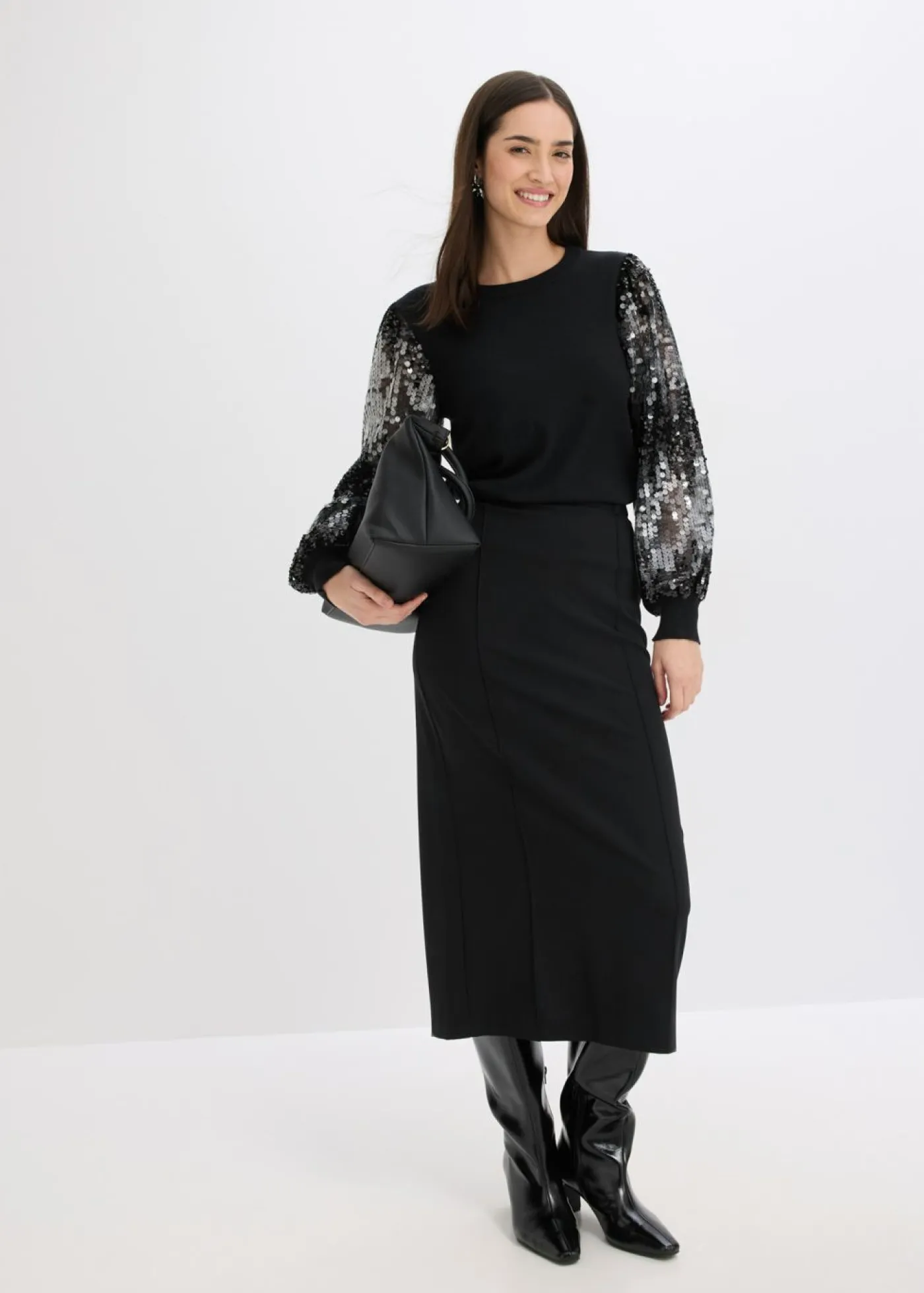 bonprix bonprix Jerséis|Ropa De Punto>Jersey de punto fino con mangas de lentejuelas Negro