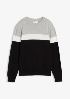 bonprix bonprix Ropa 9 A 16 Años·Sudaderas Y Jerséis>Jersey de punto fino de algodón puro negro-blanco lana-gris claro jaspeado con rayas