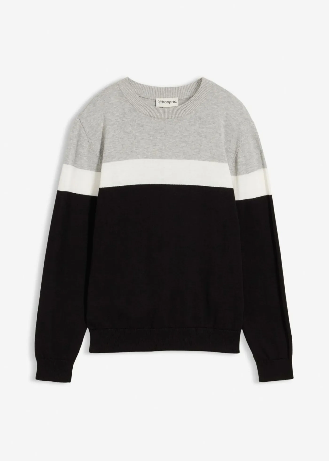 bonprix bonprix Ropa 9 A 16 Años·Sudaderas Y Jerséis>Jersey de punto fino de algodón puro negro-blanco lana-gris claro jaspeado con rayas